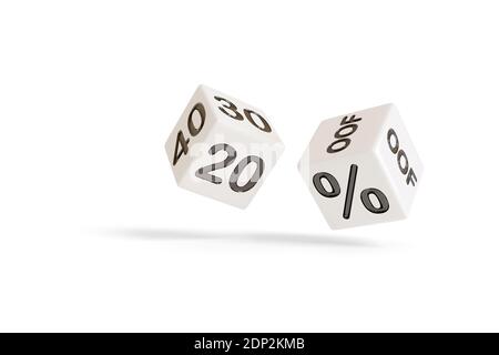 Dadi con numeri e il segno di percentuale sui loro volti che rotola isolati su uno sfondo bianco. illustrazione 3d. Foto Stock