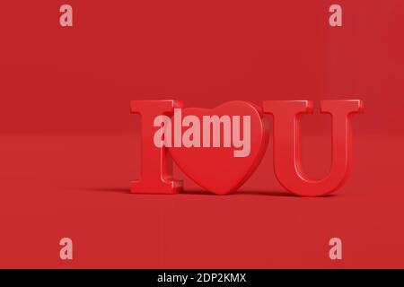 Testo 'i love you' in tre dimensioni in rosso su sfondo rosso. illustrazione 3d Foto Stock