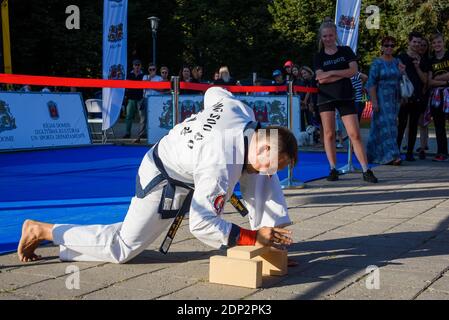 RIGA, LETTONIA. 31 agosto 2019. Tang Soo fare arti marziali master performance. Rompere i mattoni. Foto Stock