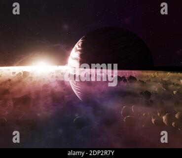 Bel pianeta Saturno o Giove primo piano con meteoriti anello e sole in opacità, illustrazione 3d Foto Stock