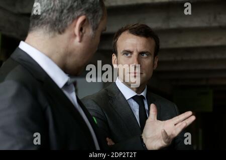 French Minister of Economy, Recovery of Productivity and Digital Affairs Emmanuel Macron talks with Accor Hotels group CEO, Sebastien Bazin during the General Assembly of Electronic Business Group,(EBG). in Paris on June 23, 2015. Photo by Stephane Lemouton/ABACAPRESS.COM Stock Photo