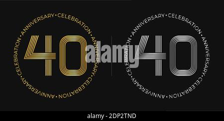 40° compleanno. Banner festeggiamenti per quarant'anni in colori oro e argento. Logo circolare con design originale Numbers in linee eleganti. Illustrazione Vettoriale