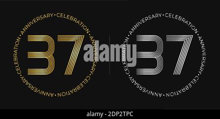 37° compleanno. Trentasette anni di festa banner in oro e argento colori. Logo circolare con design originale Numbers. Illustrazione Vettoriale