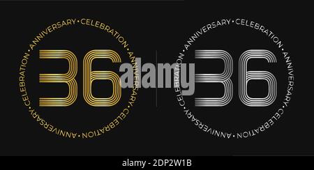 36° compleanno. Banner festeggiamenti per trentasei anni in colori oro e argento. Logo circolare con design originale Numbers. Illustrazione Vettoriale