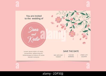 Biglietto d'invito rosa per matrimoni. Biglietto d'invito per matrimoni floreali con sfondo rosa. Illustrazione Vettoriale