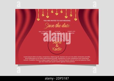 Banner rosso e oro per matrimoni. Banner di invito al matrimonio. Illustrazione Vettoriale