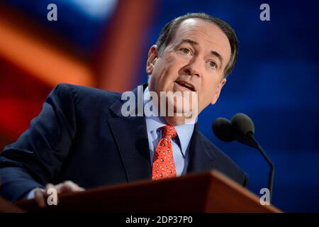 File photo : Mike Huckabee, former governor of Arkansas, speaks at the Republican National Convention in Tampa, FL, USA, Wednesday, August 29, 2012. On Tuesday Mike Huckabee announced he would seek the presidential nomination for the Republican party. The former Arkansas governor is the third candidate to enter the race this week, rounding out the list of conservative contenders to a neat six. Photo by Douliery-Hahn/ABACAPRESS.COM Stock Photo