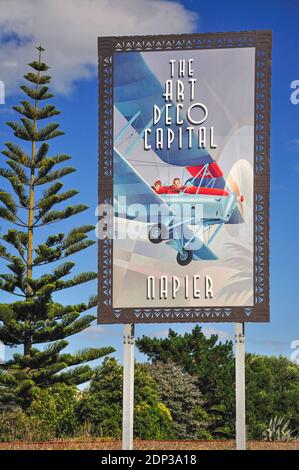 'Napier, l'Art Deco Capitale" segno di benvenuto, Napier, Hawke's Bay, Isola del nord, Nuova Zelanda Foto Stock