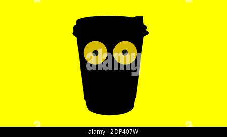 Bicchiere per caffè su sfondo giallo brillante, illustrazione di un bicchiere per bevande calde, primo piano. Foto Stock