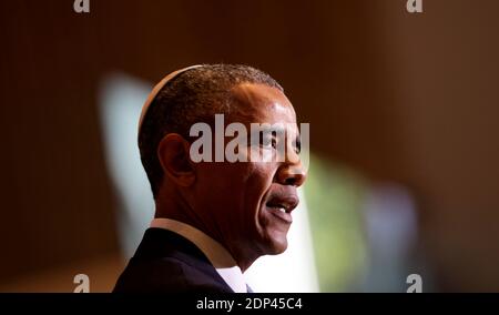 Il Presidente DEGLI STATI UNITI Barack Obama ha espresso le sue osservazioni alla Congregazione di Adas Israel in occasione del mese ebraico del Patrimonio Americano, venerdì 22 maggio 2015, a Washington, DC. (Piscina / Aude Guerrucci Foto Stock