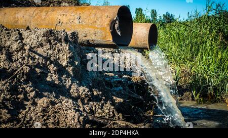 Ecologia, inquinamento ambientale, scarico delle acque reflue nella foresta, in natura, inquinamento industriale. Lo sporco viene scaricato attraverso tubi Foto Stock