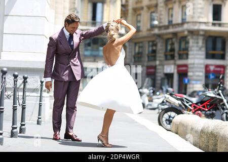 Street style, Mr Raro and Eleonora Sebastiani arriving at Salvatore Ferragamo Spring-Summer 2016 Menswear show held at Piazza Affari in Milan, Italy, on June 21st, 2015. Photo by Marie-Paola Bertrand-Hillion/ABACAPRESS.COM Stock Photo