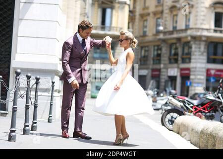 Street style, Mr Raro and Eleonora Sebastiani arriving at Salvatore Ferragamo Spring-Summer 2016 Menswear show held at Piazza Affari in Milan, Italy, on June 21st, 2015. Photo by Marie-Paola Bertrand-Hillion/ABACAPRESS.COM Stock Photo