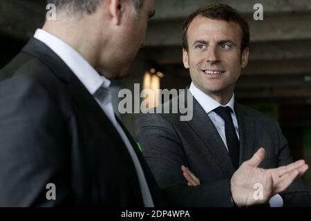 French Minister of Economy, Recovery of Productivity and Digital Affairs Emmanuel Macron talks with Accor Hotels group CEO, Sebastien Bazin during the General Assembly of Electronic Business Group,(EBG). in Paris on June 23, 2015. Photo by Stephane Lemouton/ABACAPRESS.COM Stock Photo