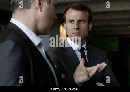 French Minister of Economy, Recovery of Productivity and Digital Affairs Emmanuel Macron talks with Accor Hotels group CEO, Sebastien Bazin during the General Assembly of Electronic Business Group,(EBG). in Paris on June 23, 2015. Photo by Stephane Lemouton/ABACAPRESS.COM Stock Photo