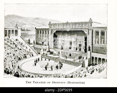 Teatro di Dioniso - una ricostruzione. La didascalia di questa illustrazione dei primi anni del '900 recita: Il Teatro Dionisiac ad Atene (restaurato) questo è un tentativo di ricostruire il più grande teatro di Atene da ciò che abbiamo imparato dalle descrizioni degli autori antichi e dalle rovine che ancora rimangono. Da notare i punti di differenza rispetto ad un teatro moderno, la profondità del palco reale, le scale successive che lo conducono, lo spazio sottostante per il coro e i giudici, le elaborate decorazioni marmoree ovunque, i posti degli spettatori ricordano un circo di campagna, e la passeggiata coperta come Foto Stock