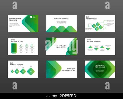 Presentazione degli investimenti aziendali, modello vettoriale del deck di presentazione del passo. Pallet Green Color perfetto per staterup ecocompatibili Illustrazione Vettoriale