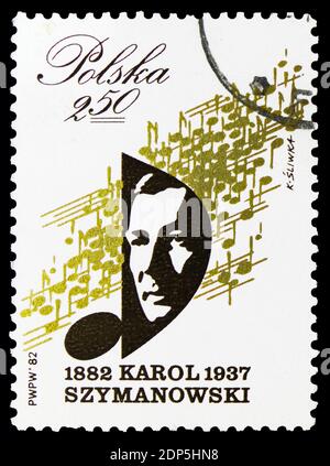MOSCA, RUSSIA - 15 SETTEMBRE 2018: Un francobollo stampato in Polonia mostra Karol Szymanowski, Compositore (1882-1937), serie, circa 1982 Foto Stock