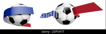 Palle per calcio, classico calcio in nastri con colori bandiera francese. Elemento di design per le competizioni calcistiche. Vettore isolato su sfondo bianco Illustrazione Vettoriale