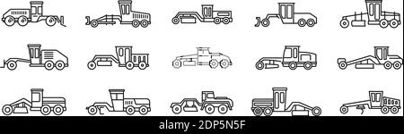 Set di icone della macchina per livellatrice da costruzione, stile profilo Illustrazione Vettoriale