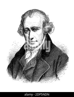 Ritratto di James Watt (1736–1819) inventore scozzese, ingegnere meccanico e chimico, famoso per il suo motore a vapore di potenza ed efficienza migliorate Foto Stock