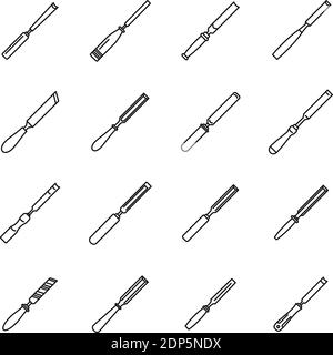 Set icone scalpello carpentiere, stile contorno Illustrazione Vettoriale