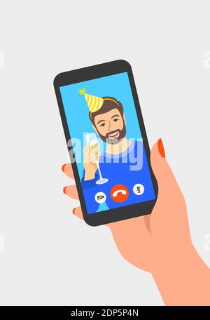 Festa virtuale con videochiamata di amici. Il giovane uomo in cappello da festa tiene un bicchiere di champagne e si congratula con il suo amico che tiene smartphon Illustrazione Vettoriale