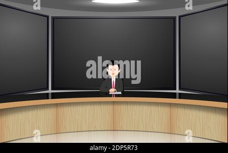 emittente sul tavolo bianco e sullo sfondo lcd nella sala studio delle notizie Illustrazione Vettoriale