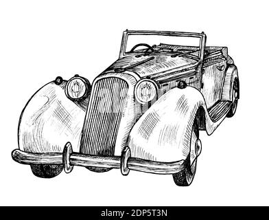 Grafica hatm deco vintage lusso limousine, doodle sketch monocromo illustrazione su sfondo bianco (originali, no tracing) Foto Stock