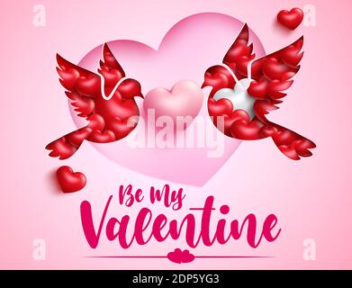 Disegno di sfondo vettoriale delle colomba di San Valentino. Felice giorno di San Valentino testo con due colombe di carta tagliata e cuori 3d per romantico saluto degli amanti valentine. Illustrazione Vettoriale