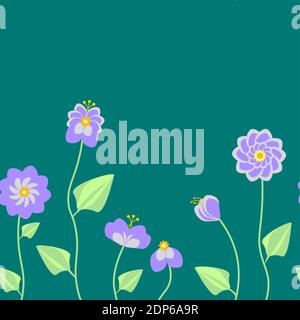 Tavolozza verde con fiori viola pastello che sono fortemente combinati nel modello vettoriale senza giunture Illustrazione Vettoriale