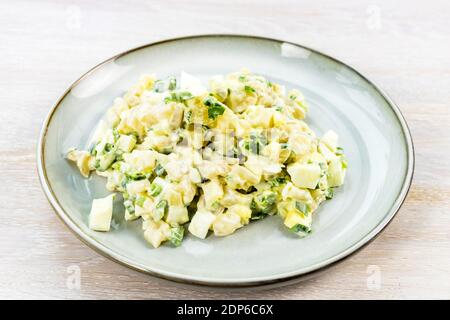 Ricetta passo dopo passo insalata di calamari ultimo passaggio 7 pronto da mangiare servito con uova, cipolla verde, maionese Foto Stock