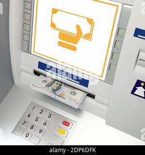 Macchina ATM, banconote in slot di denaro illustrazione 3D Foto Stock