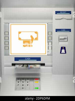 Macchina ATM, banconote in slot di denaro illustrazione 3D Foto Stock