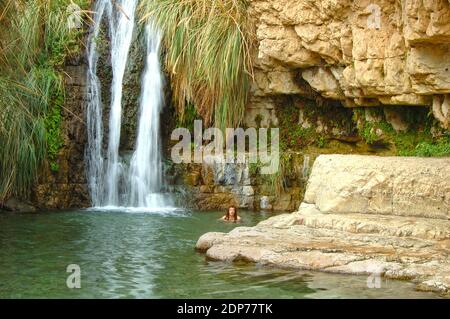 Ein gedi, cascata, un'oasi nel deserto della Giudea, Israele Foto Stock