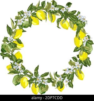 Corona di agrumi in grafica vettoriale con fiori in fiore e rami con frutta e foglie. Ci sono frutti gialli e verdi di limone Illustrazione Vettoriale