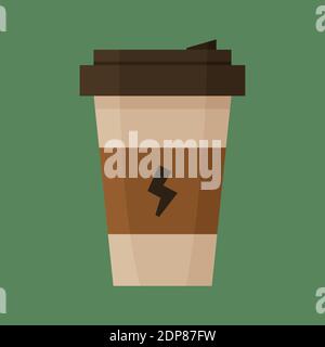 Tazza di carta da caffè. Immagine vettoriale piatta di una bevanda in una tazza di cartone con un'icona fulminea Illustrazione Vettoriale