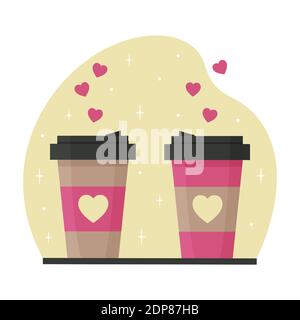 Due tazze di caffè con cuori. Offerta speciale per coppie a st. San Valentino. Immagine vettoriale piatta delle bevande in tazze di cartone. Amore e rela Illustrazione Vettoriale