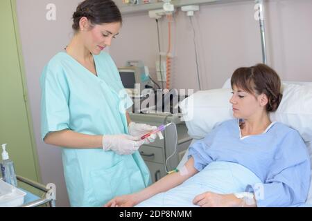 infermiere che preleva il campione di sangue dal paziente nel letto dell'ospedale Foto Stock