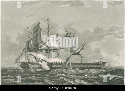 Incisione antica c1850, cattura della Frigata britannica HMS Guerriere da parte della USS Constitution della Frigata statunitense. FONTE: INCISIONE ORIGINALE Foto Stock