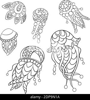 Pagine da colorare in grafica vettoriale per bambini e adulti con animali oceanici come meduse, plancton e altri Illustrazione Vettoriale