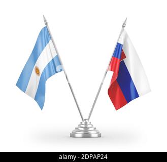 Le bandiere da tavolo della Slovacchia e dell'Argentina sono isolate sul rendering 3D bianco Foto Stock