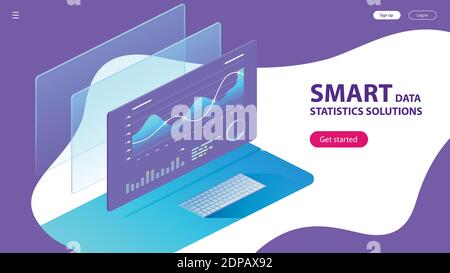 Concetto isometrico di Smart Data Statistics Solutions. Modello di concetto della landing page. Grafici e statistiche di analisi. EPS vettoriale 10 Illustrazione Vettoriale