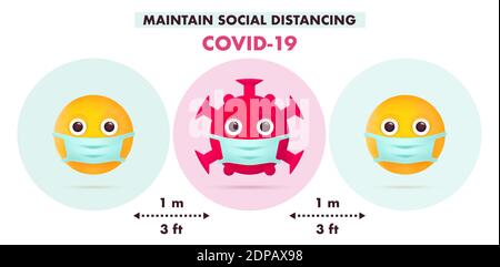 Mantenere la distanza sociale nella società pubblica. COVID-19 progettazione infografica. Concetto di quarantena. Simbolo del personaggio di Coronavirus Emoji con maschera medica. M Illustrazione Vettoriale
