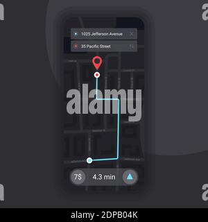 Taxi GPS Locator. Navigazione mappa della città. Design concettuale dell'interfaccia utente dell'app mobile. Tema scuro. Modello UI. EPS vettoriale 10 Illustrazione Vettoriale