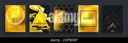 Set di poster Abstract Gold e Black. Design di modelli di copertine realistiche e alla moda. Forme dorate sfocate, liquide e geometriche. Backg linee e punti luminosi Illustrazione Vettoriale