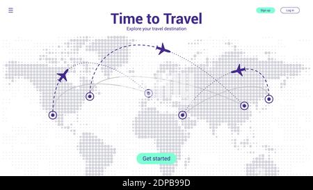 Informazioni sulla landing page di viaggio. Modello di mappa di viaggio mondiale con destinazione di volo e percorso. Viola futuristico punti mezzitoni sfondo. EPS vettoriale 10 Illustrazione Vettoriale