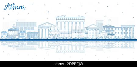 Profilo Atene Grecia skyline della città con edifici blu e riflessi. Illustrazione vettoriale. Concetto di viaggio d'affari e turismo Illustrazione Vettoriale