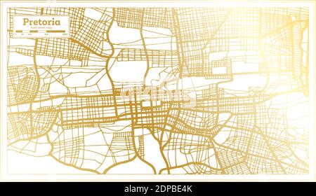 Pretoria South Africa Mappa della città in stile retro in colore dorato. Mappa di contorno. Illustrazione vettoriale. Illustrazione Vettoriale