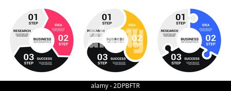 Grafico a forma di grafico rotondo modello infografico con tre passaggi per il successo. Modello di Business Circle con opzioni per Brochure, Diagram, Workflow, Timeli Illustrazione Vettoriale